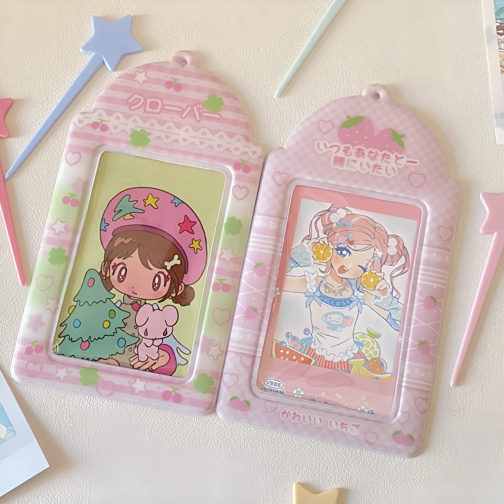 PVC cartoon meal card holder with strawberry or four leaf clover design for 3-inch cards