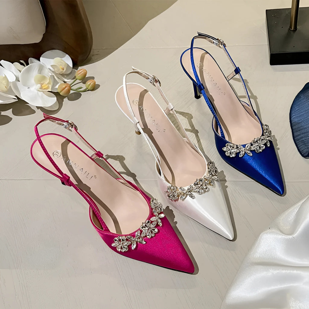 French style evening dress high heels rhinestone closed toe satin sandals stiletto heels for women