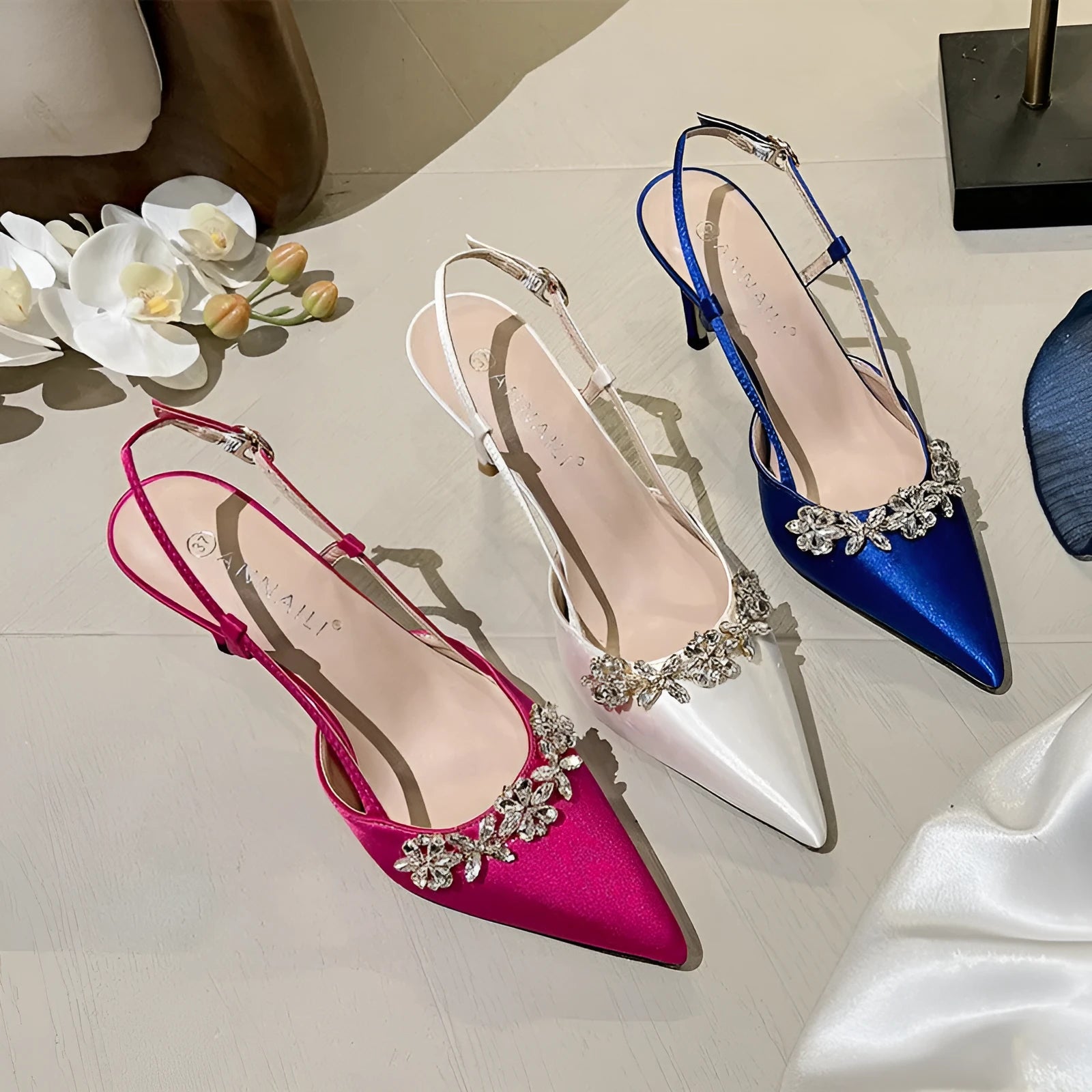 French style evening dress high heels rhinestone closed toe satin sandals stiletto heels for women