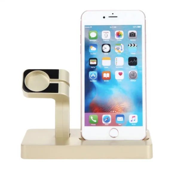 White 2-in-1 charging dock station holding an iPhone and an Apple Watch upright on a desk.
