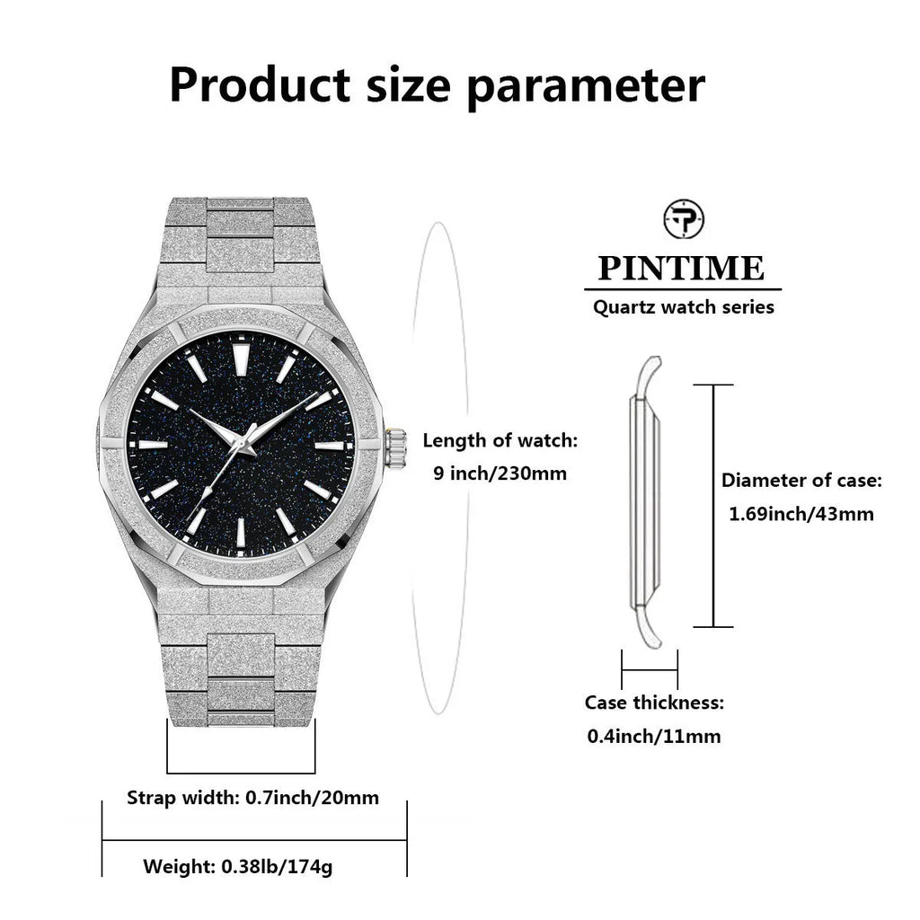 Men's frosted stainless steel business watch with luminous markers on black strap.