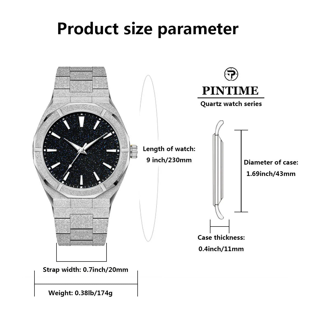 Men's frosted stainless steel business watch with luminous markers on black strap.