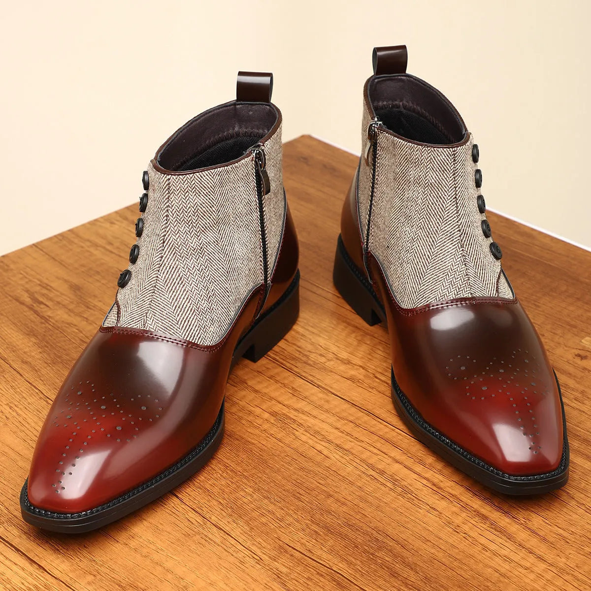 Men's brown retro business shoe with side zipper and square toe on a white background.