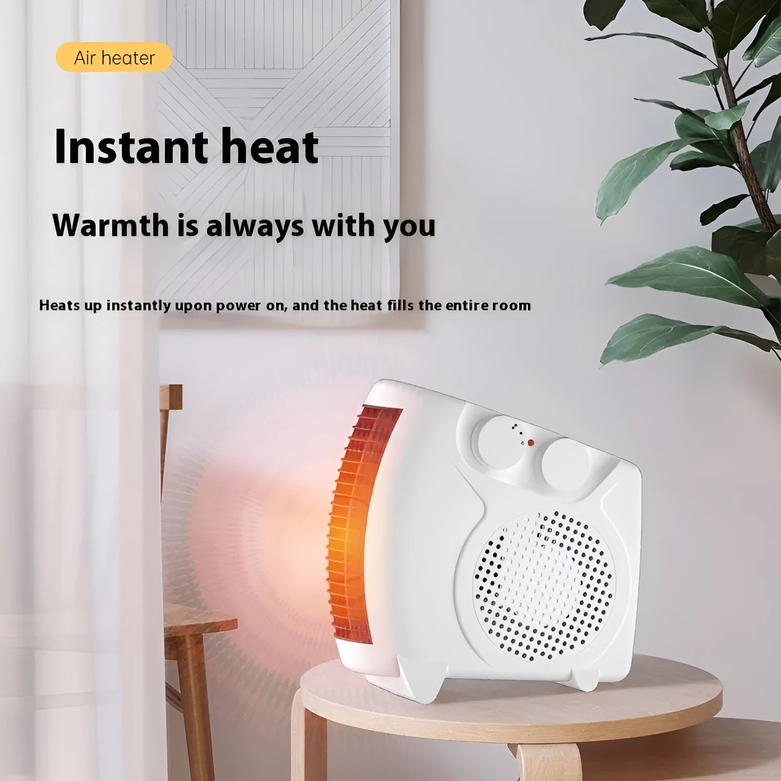 White compact electric heater with power settings for small rooms under 10 square metres
