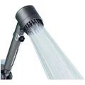 Portable white ABS shower head with a modern simple design and three-gear adjustment dial.