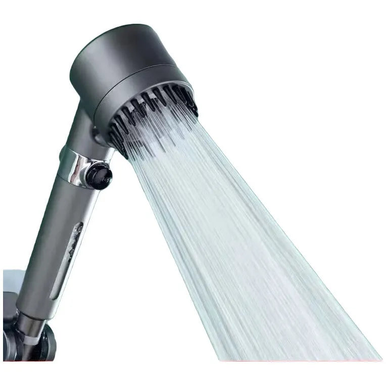 Portable white ABS shower head with a modern simple design and three-gear adjustment dial.