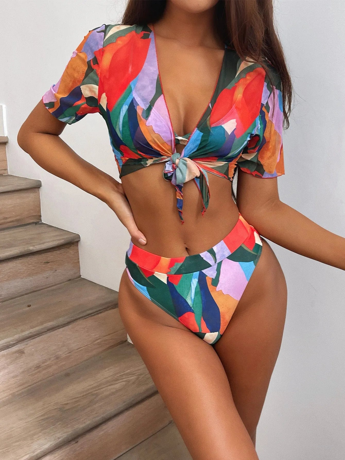 Red women's printed split swimsuit with European American pattern style and nylon construction