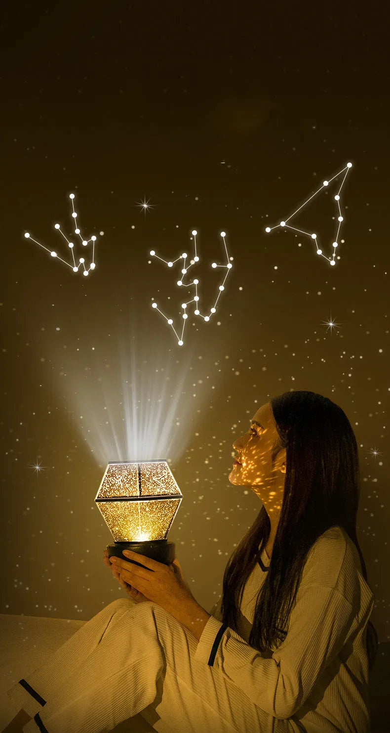 Children's rotating stars LED night light projecting coloured star patterns on bedroom wall