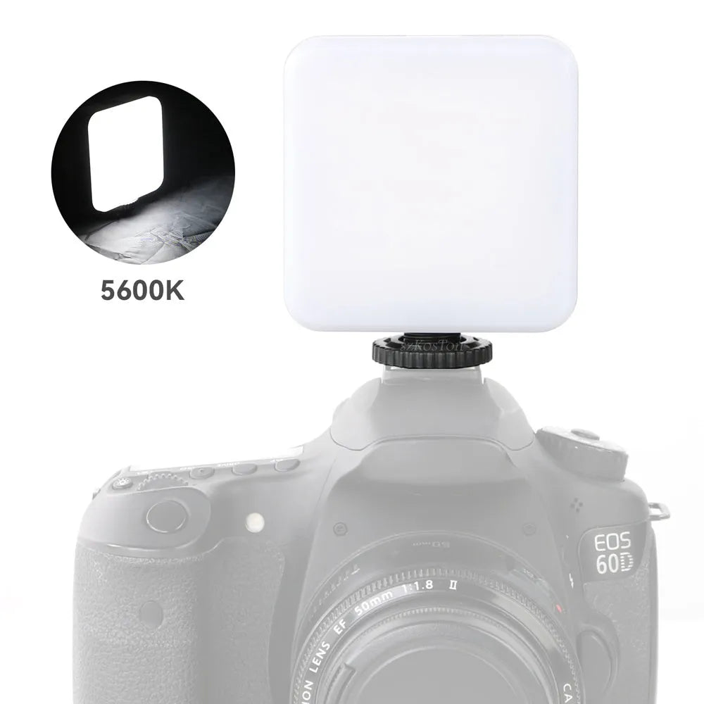 Small square LED camera flash on a mini tripod, showing rotatable head and compact size.