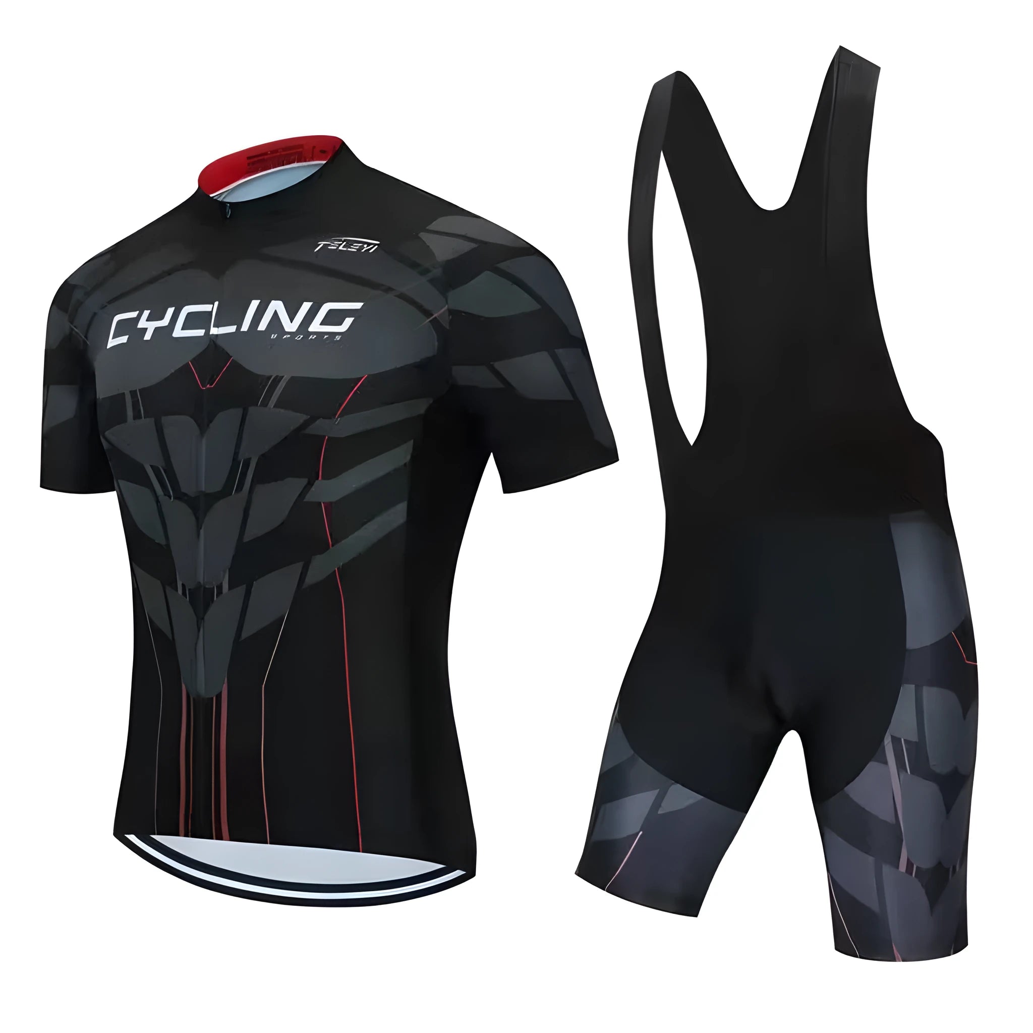 Cycling jersey set showing short sleeve moisture absorbing top and matching pants for summer biking.