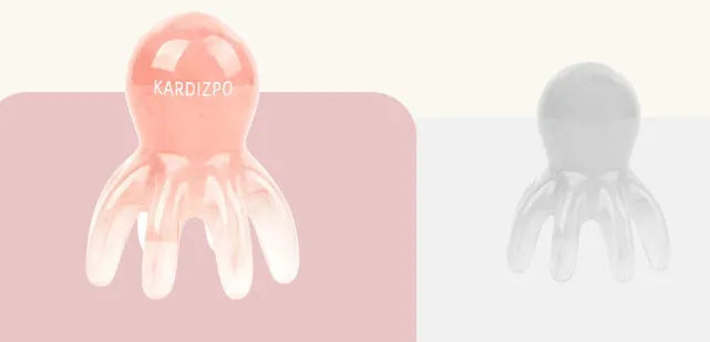 Small pink octopus-shaped periocular massage comb made from natural resin with storage bag