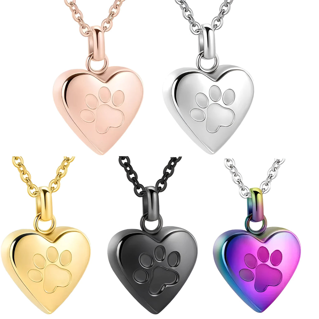Openable titanium steel heart pendant with paw print for memorial ashes on necklace chain
