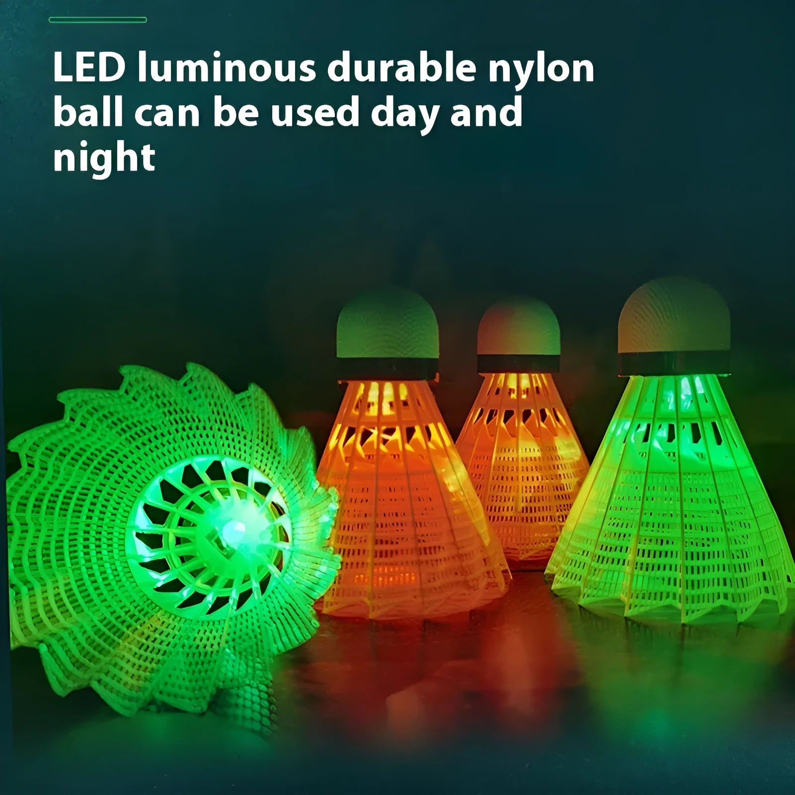 Luminous badminton shuttlecock with green glow, nylon construction, lying on court surface