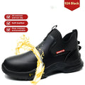Men's black high cut waterproof chef work shoes with rubber anti-slip soles on a white background