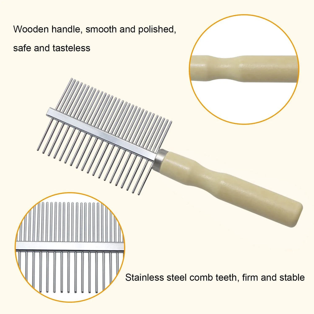 Wooden handle pet grooming comb for dogs and cats showing three comb head variations