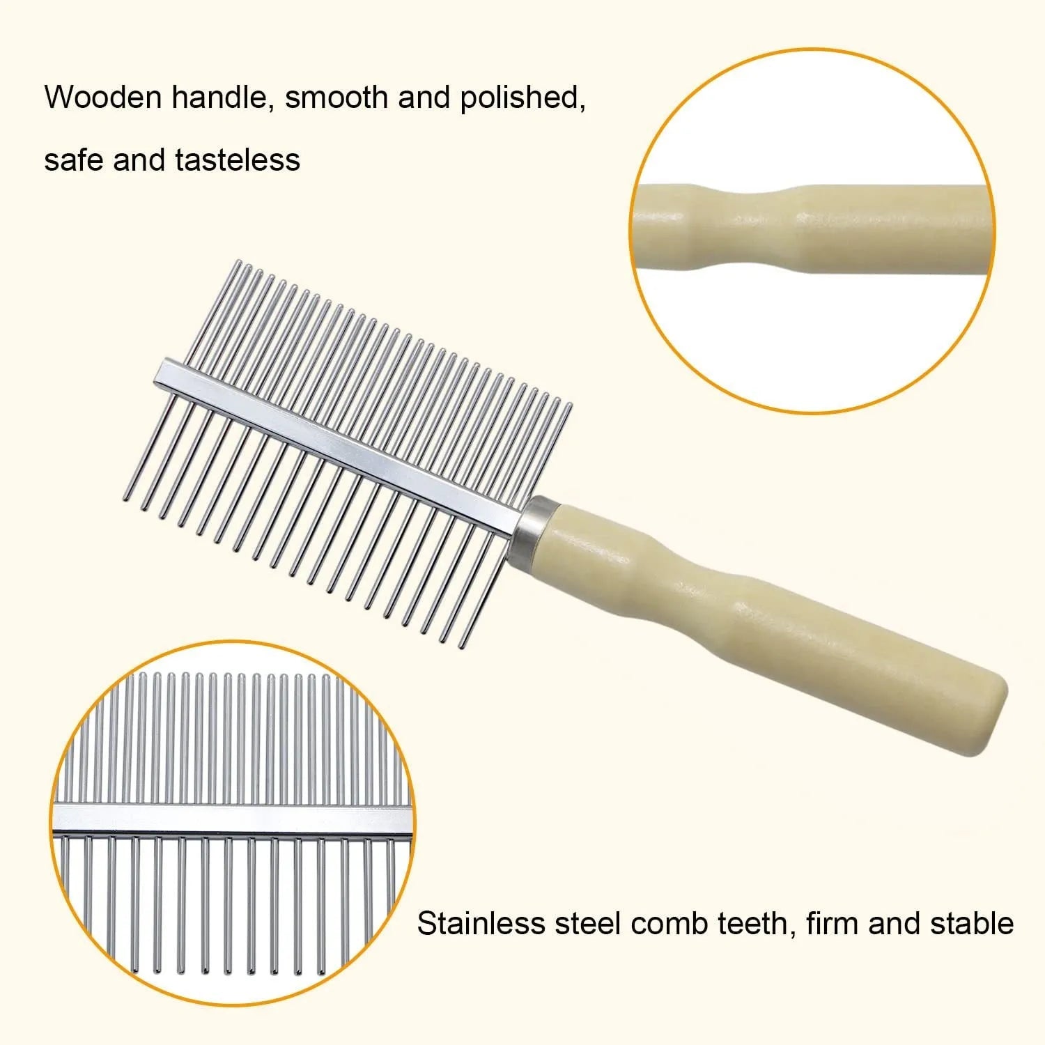 Wooden handle pet grooming comb for dogs and cats showing three comb head variations