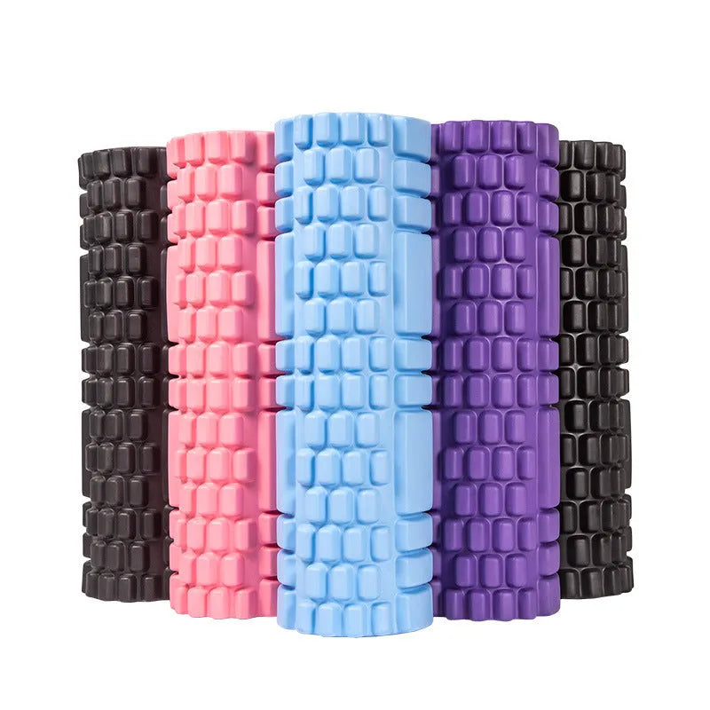A black EVA foam roller for fitness and muscle recovery, shown next to a grey and pink version.