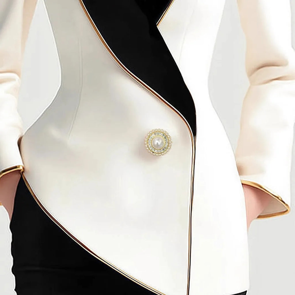 Milky white women's long sleeve coat with golden edge trim and pearl buttons