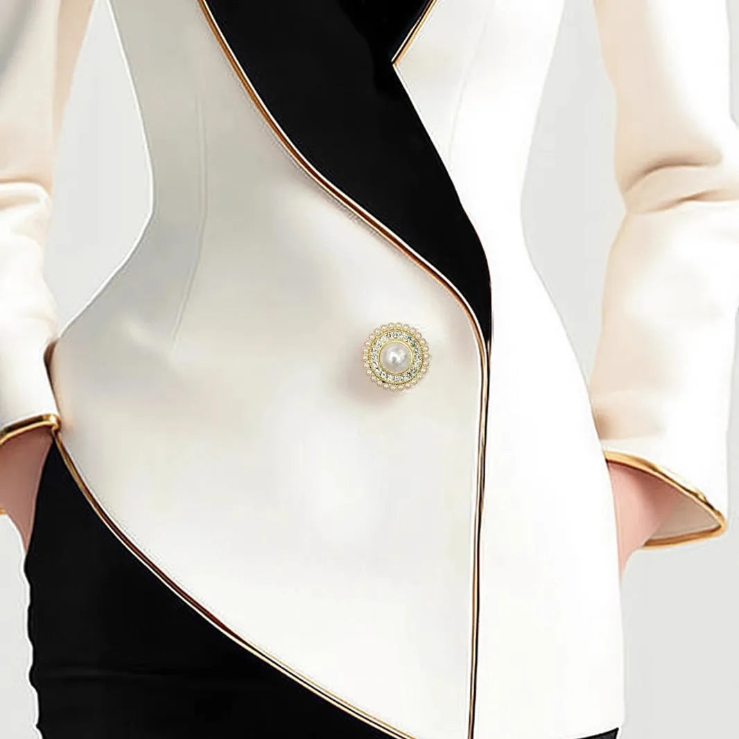 Milky white women's long sleeve coat with golden edge trim and pearl buttons