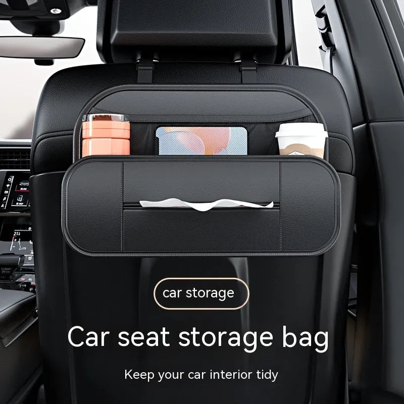 Black leather car seat rear storage bag showing 36cm width measurement