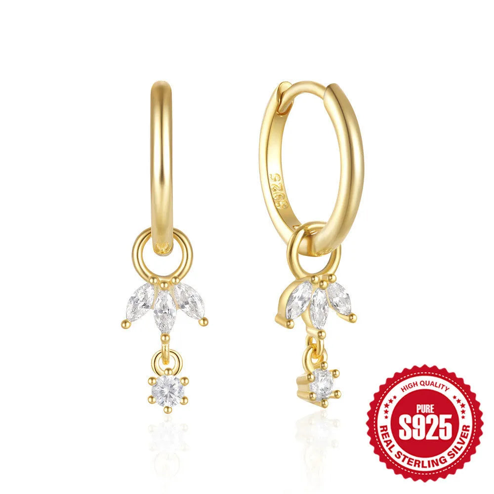 Golden geometric sunflower earrings made from S925 sterling silver with inlaid zircon stones.