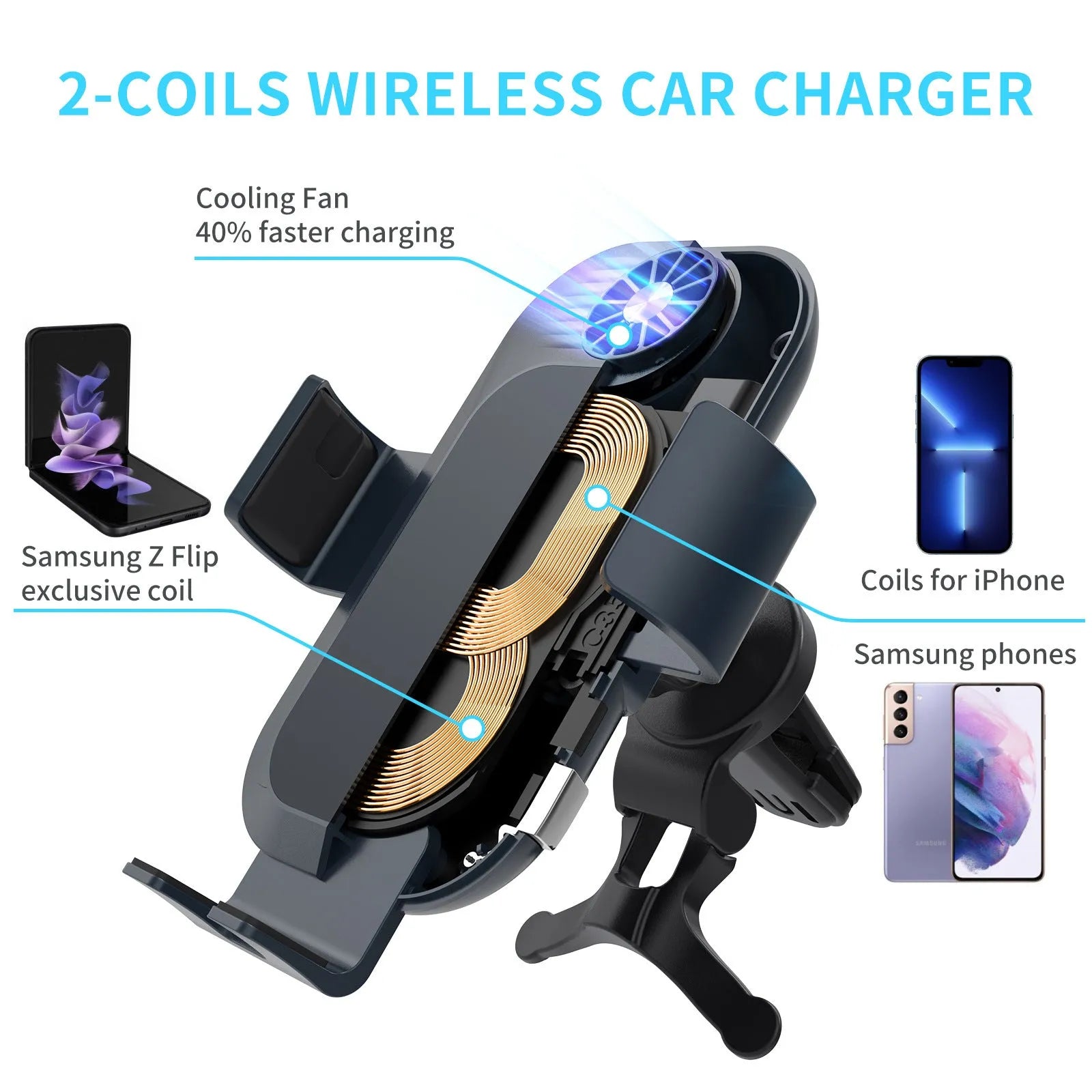 C35 colour car wireless charger phone holder with suction cup air vent mount showing charging surface and adjustable bracket