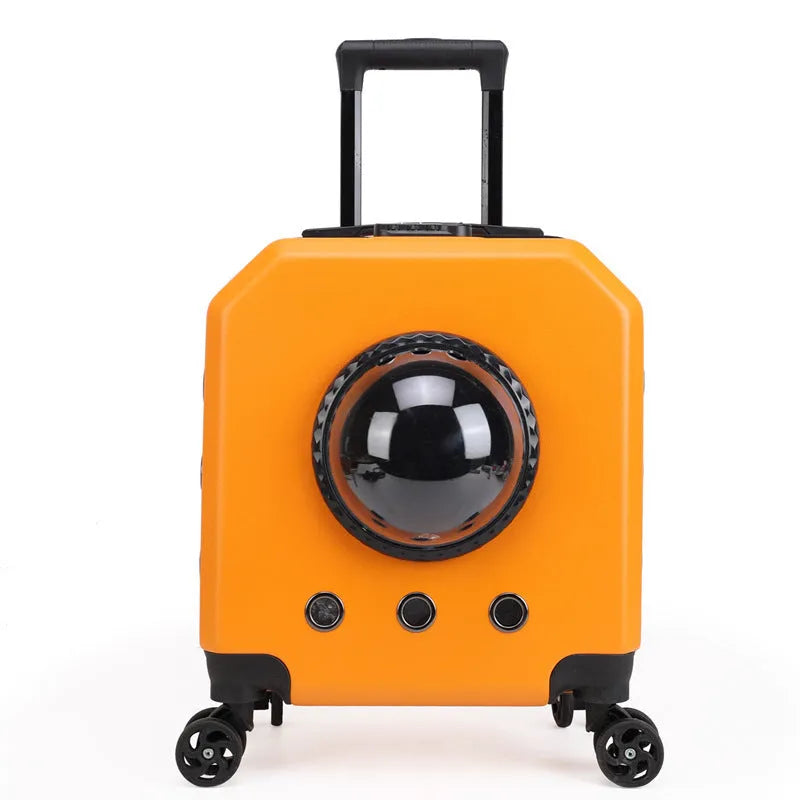 Hard shell PVC pet trolley case in orange, pink, white, or burgundy for travel.