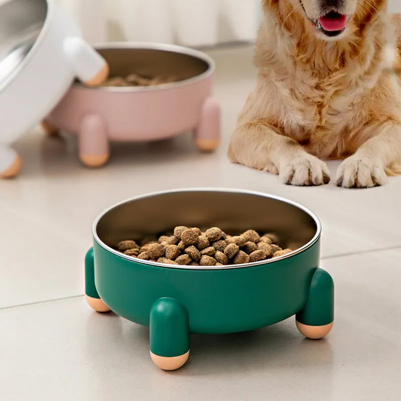 Green stainless steel pet bowl with a high-foot and non-slip base for dogs and cats.