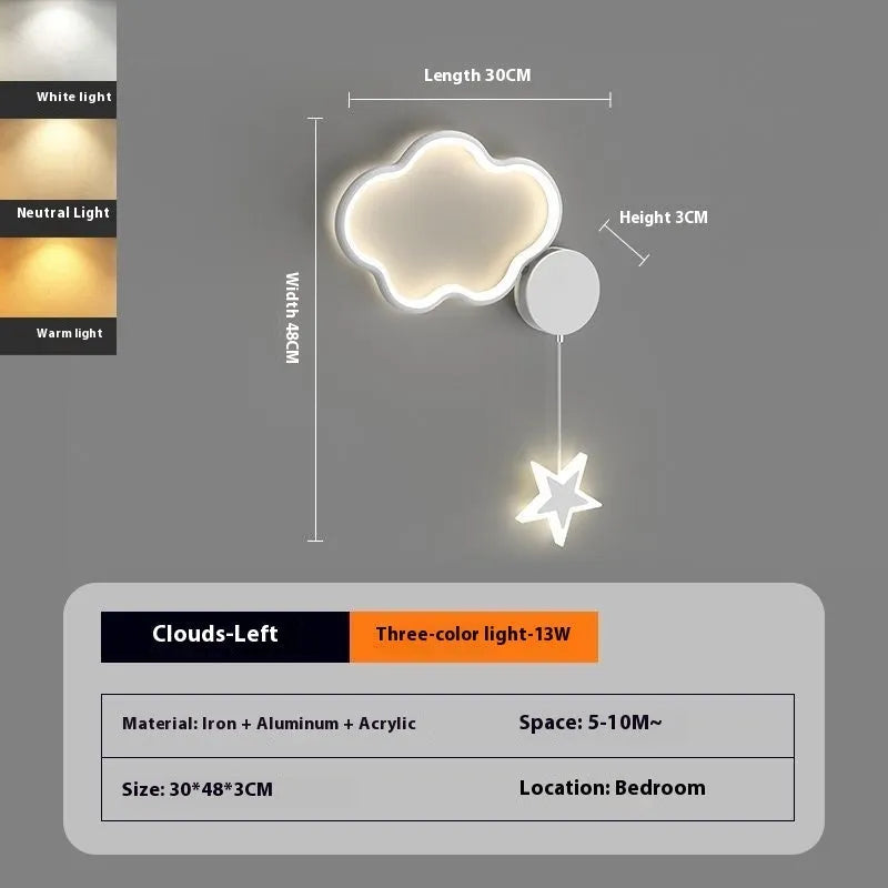 Children's cloud and star themed LED bedside wall lamp in black or white.