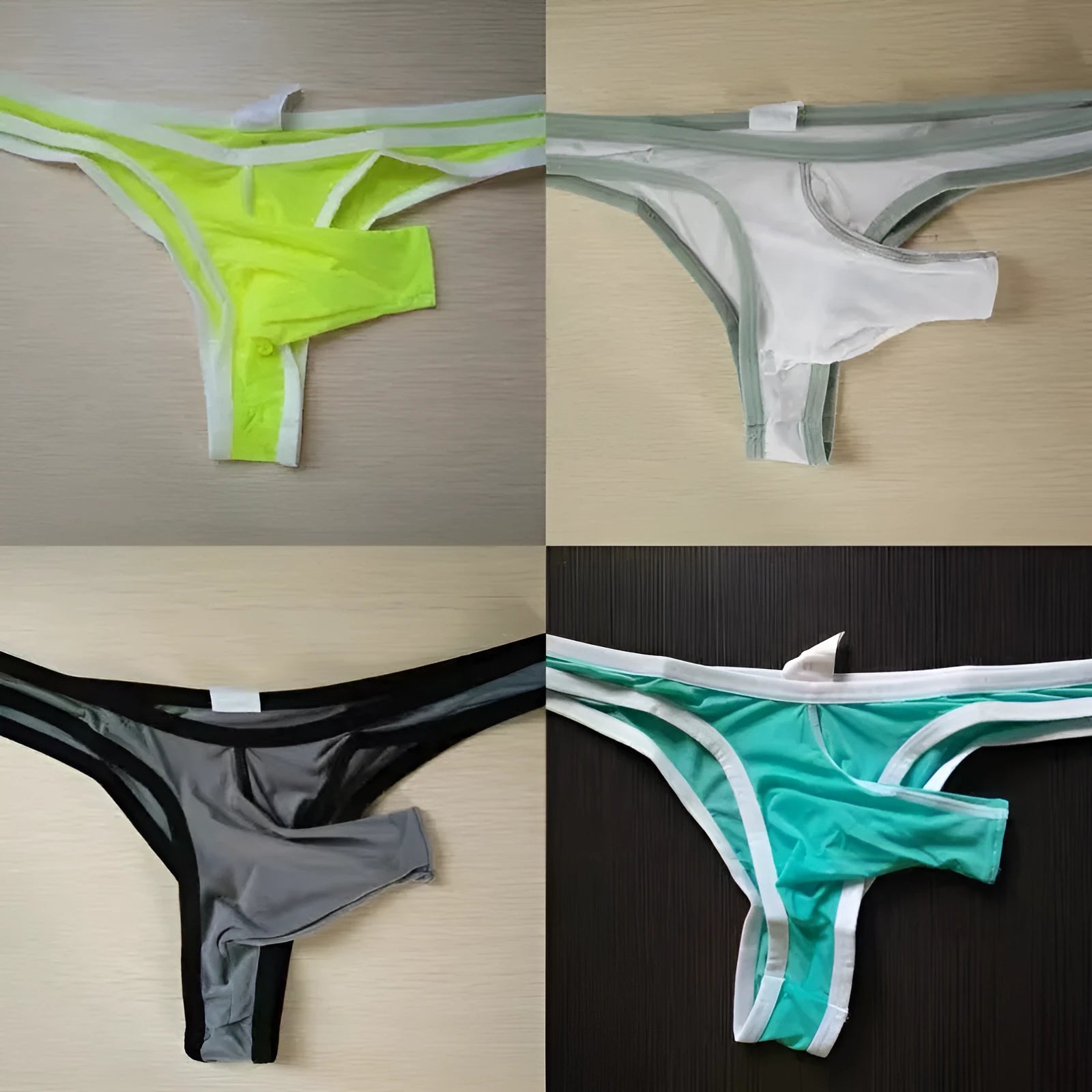 Men's ice silk nylon briefs in elephant nose small cut design showing multiple colour options
