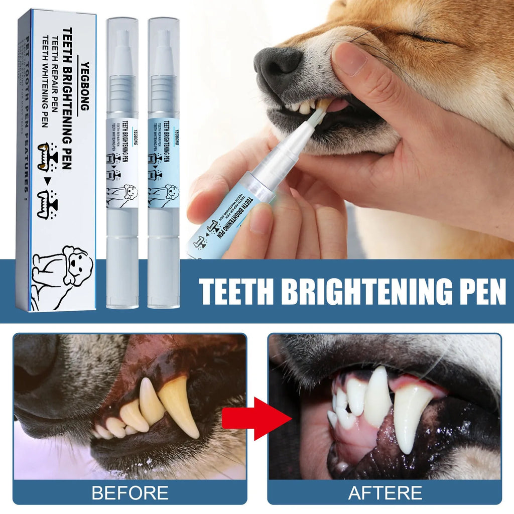 Pet teeth whitening pen with dual-ended design and dental brush applicators for dog and cat tartar removal