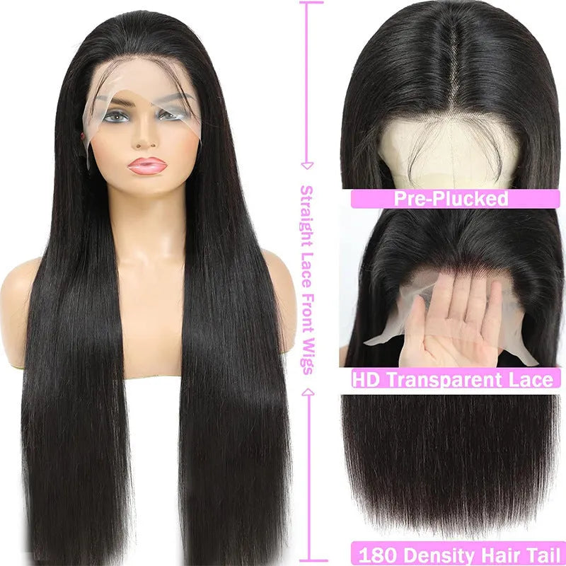 13x6 straight lace front human hair wig in black colour showing natural style and length options