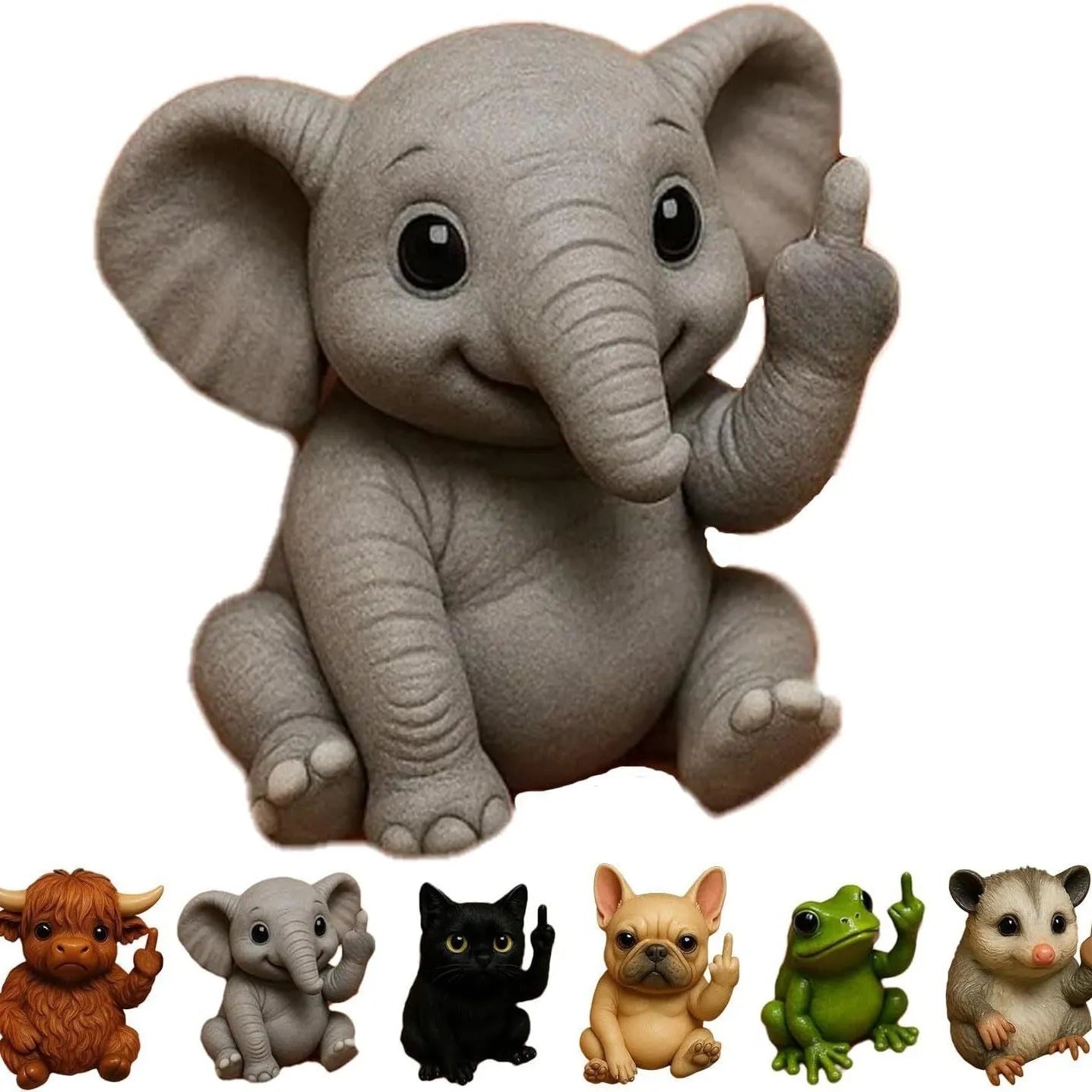 Resin animal middle finger doll in cat, dog, elephant, frog, Highland cattle, mouse, or turtle style.