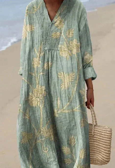 Women's long floral shirt dress with 3D printed pattern and wide waist.
