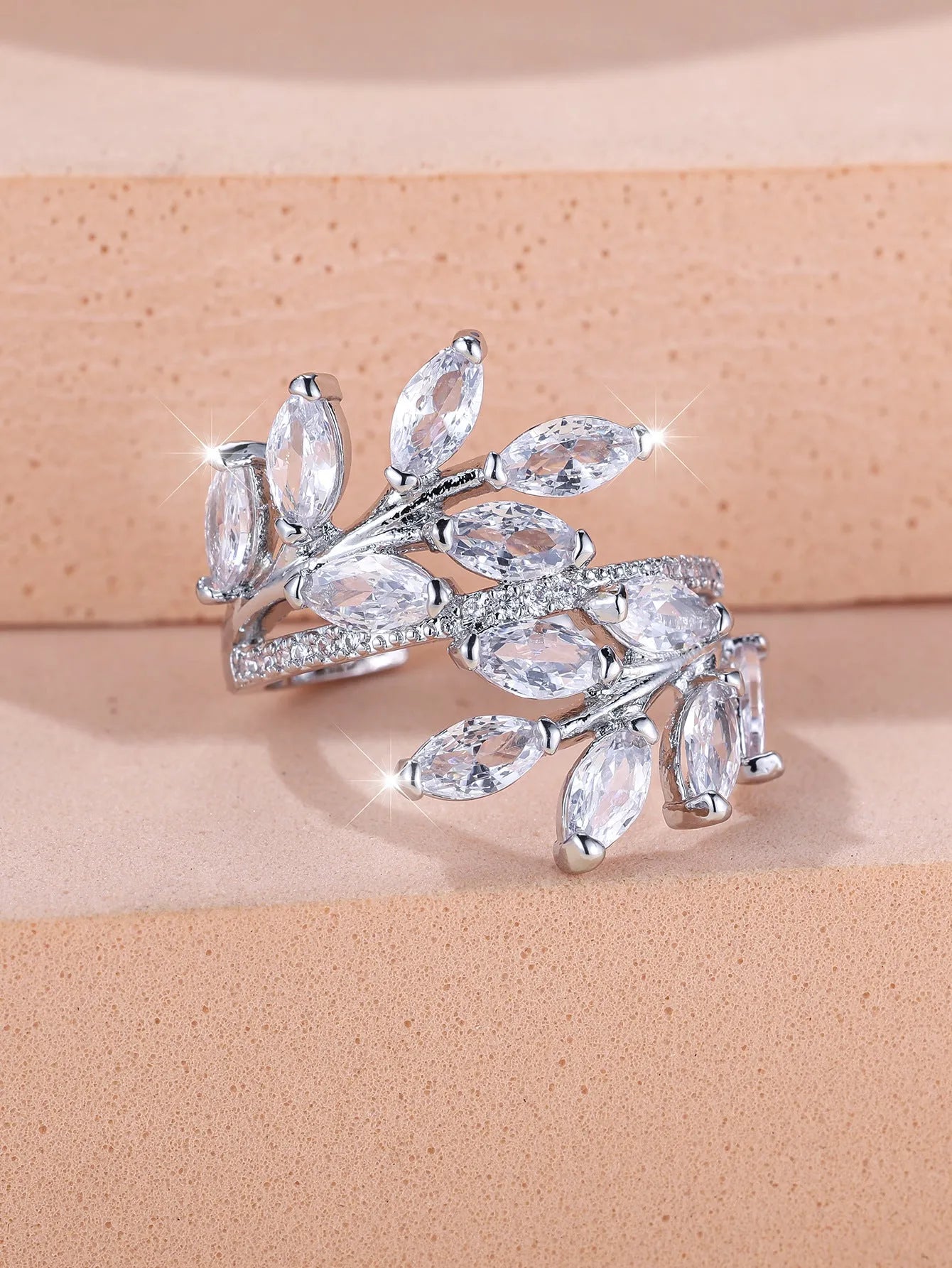 Adjustable copper leaf-shaped ring with zircon stones in multiple colour finish options