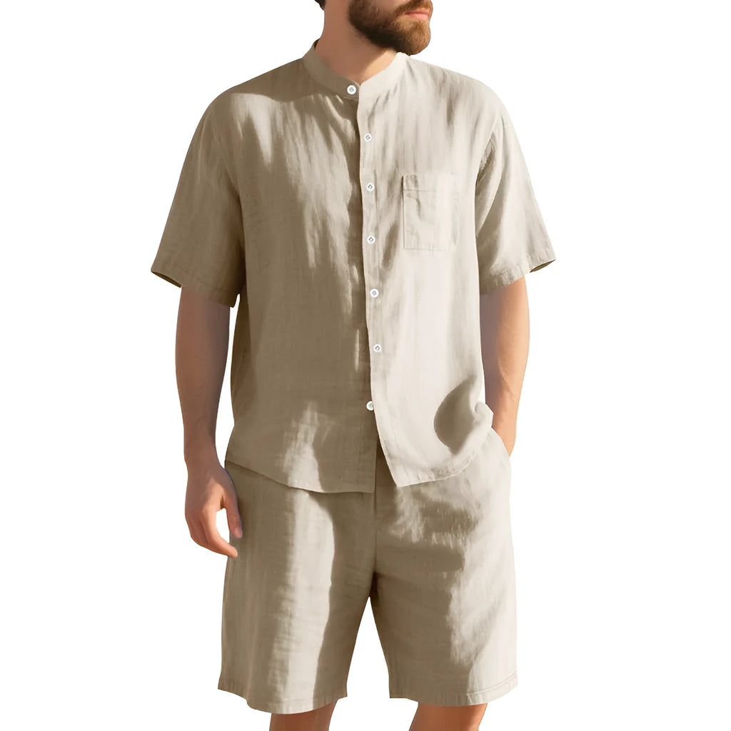 Men's linen summer suit two-piece set with Henry collar shirt and shorts in multiple colour options