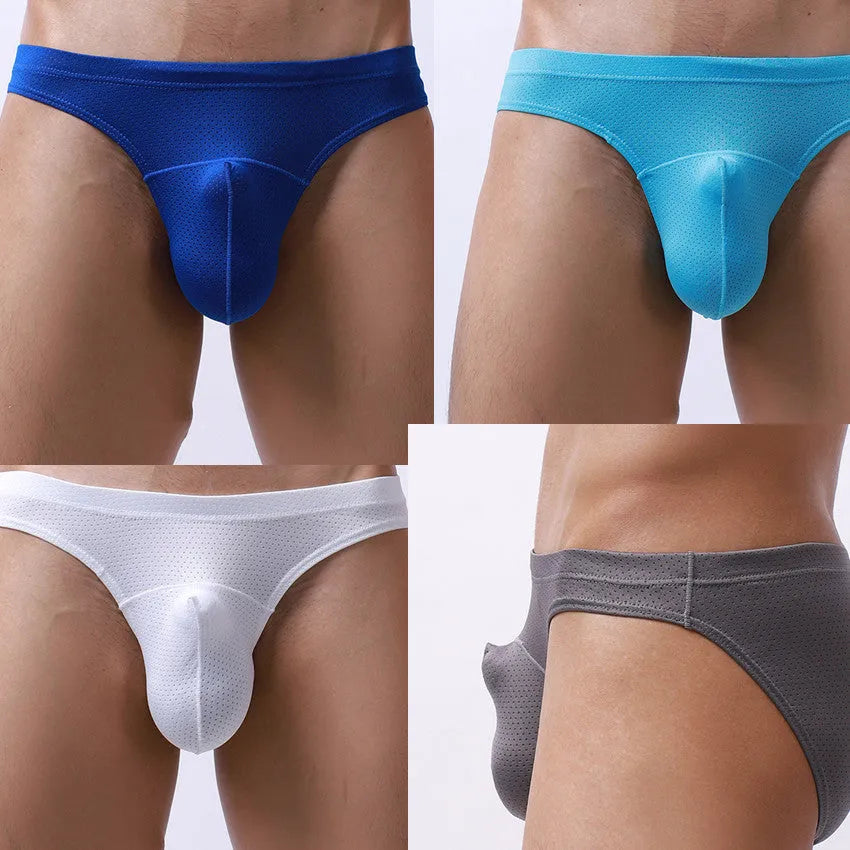 Men's transparent loose nylon underwear in blue, showing loose fit and lightweight material.
