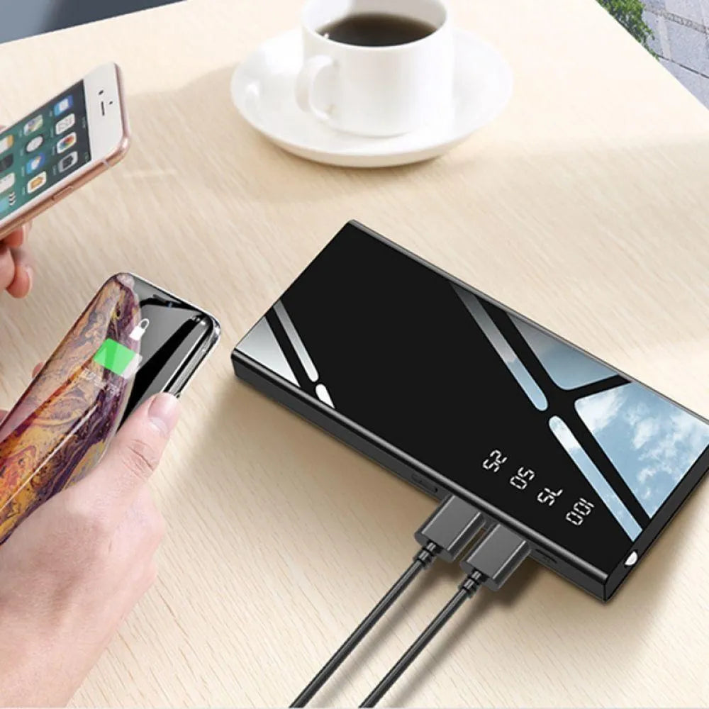 20000mAh power bank with LCD display and dual USB ports in black, red or white