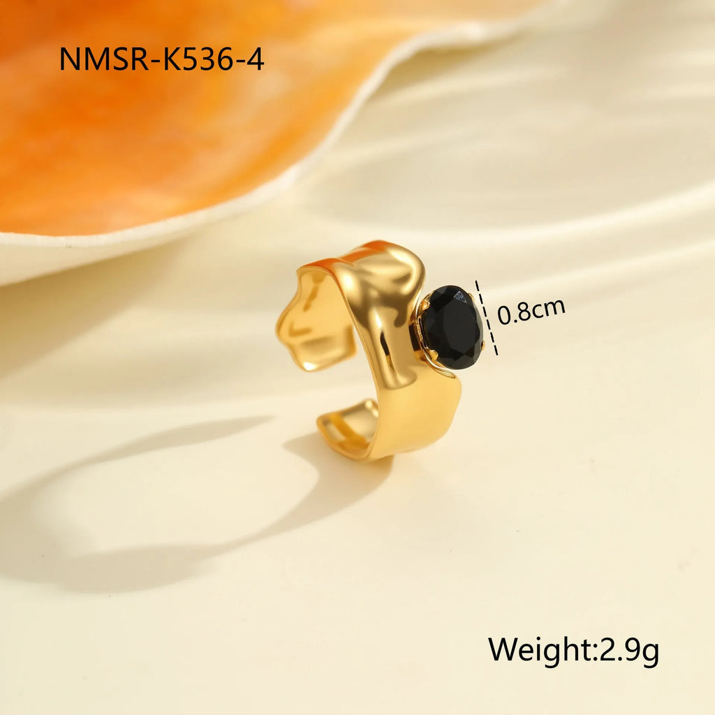 Women's geometric open ring with inlaid zircon on a stainless steel band