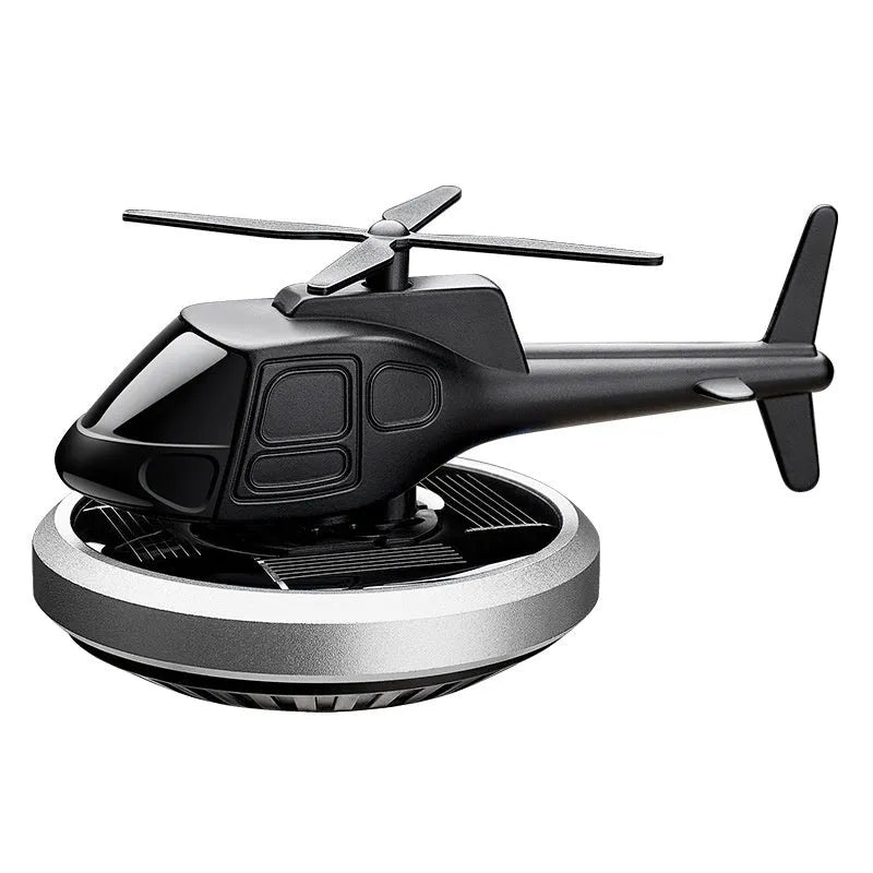 Solar-powered rotating metal helicopter car perfume decoration in silver, black, or blue