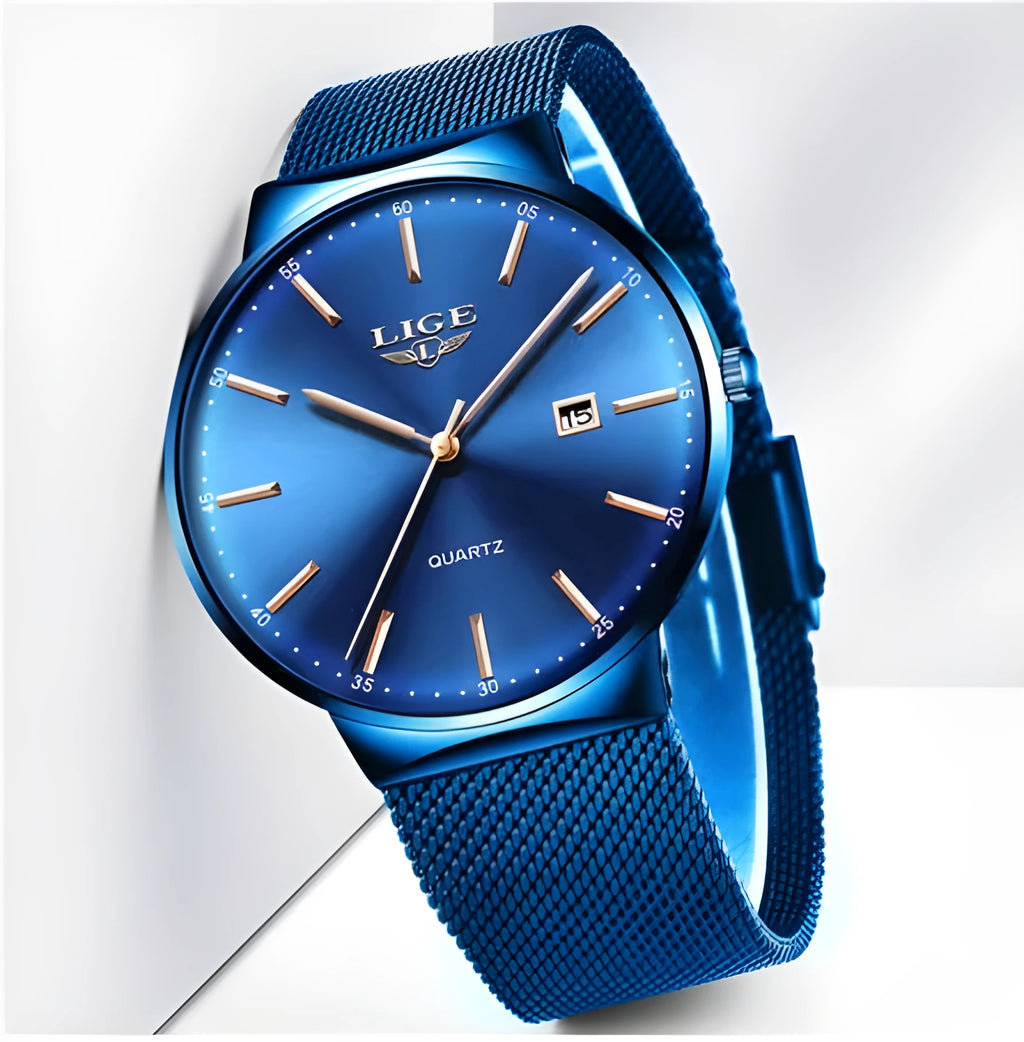 Men's stainless steel watch with 40mm dial in black, blue, and black blue colour options.