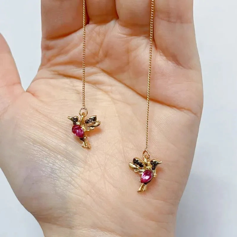 Long drop bird design alloy earrings with mixed zirconium wings in red, blue, or red lvzuan.