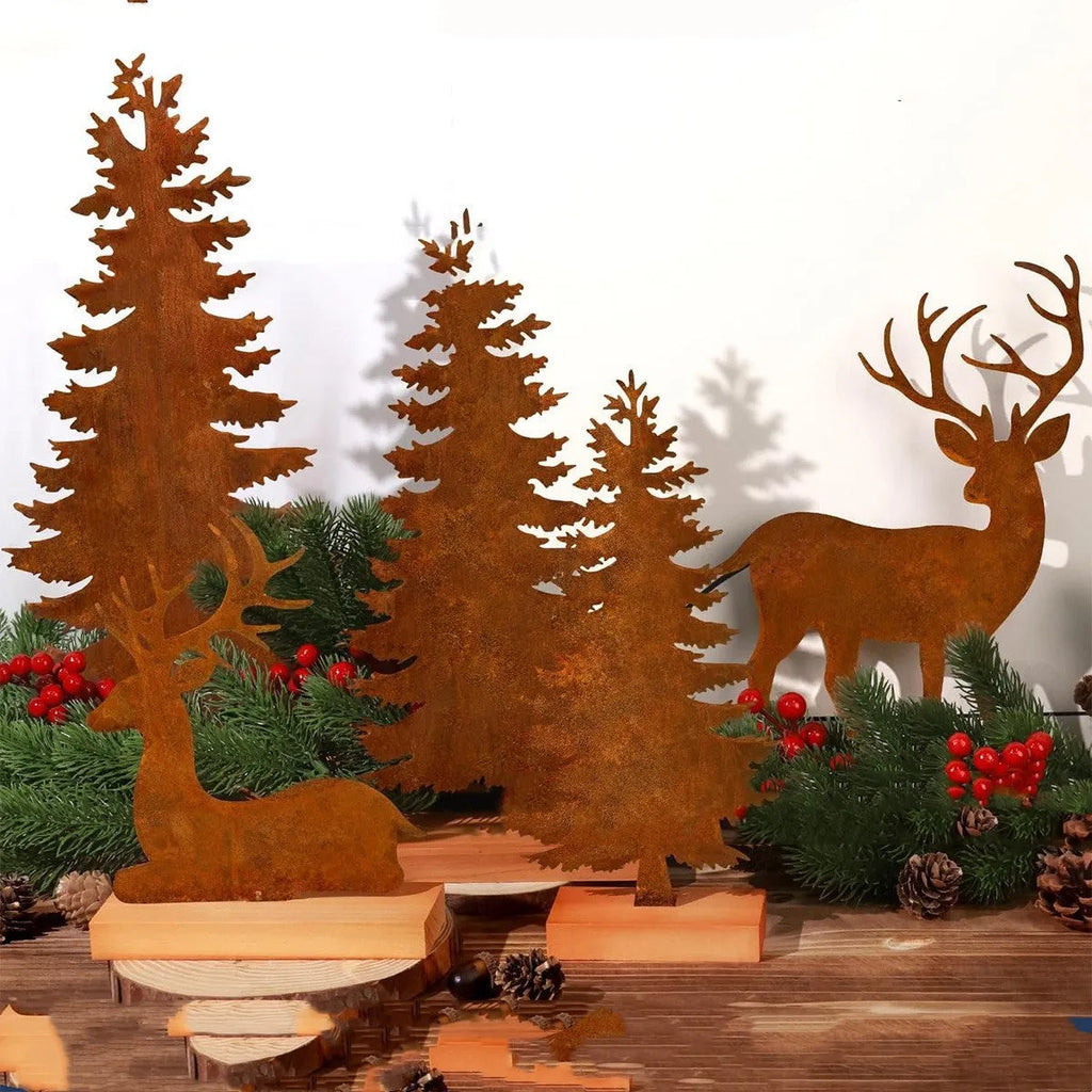 Three metal Christmas tree ornaments with elk figurines and rustic metallic finish