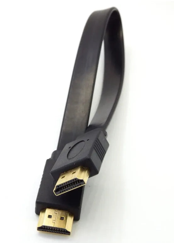 Flat HDMI cable with standard connectors showing thin profile design for 1080P video transmission