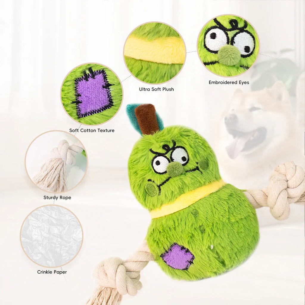 Green and purple interactive dog toy with plush fabric and rope knot construction for tug-of-war games