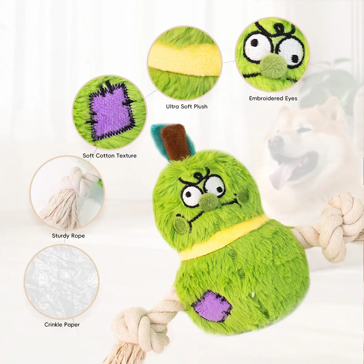 Green and purple interactive dog toy with plush fabric and rope knot construction for tug-of-war games