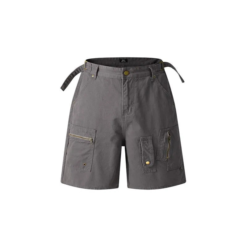 Retro loose fit washed cotton workwear shorts in grey, shown with half elastic waistband and fifth pants length.