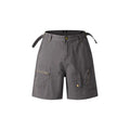 Retro loose fit washed cotton workwear shorts in grey, shown with half elastic waistband and fifth pants length.