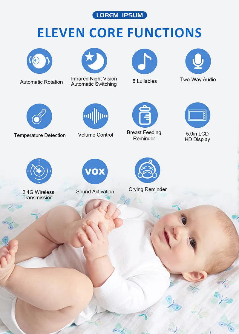 White HD wireless baby monitor with 5-inch screen showing baby room temperature display