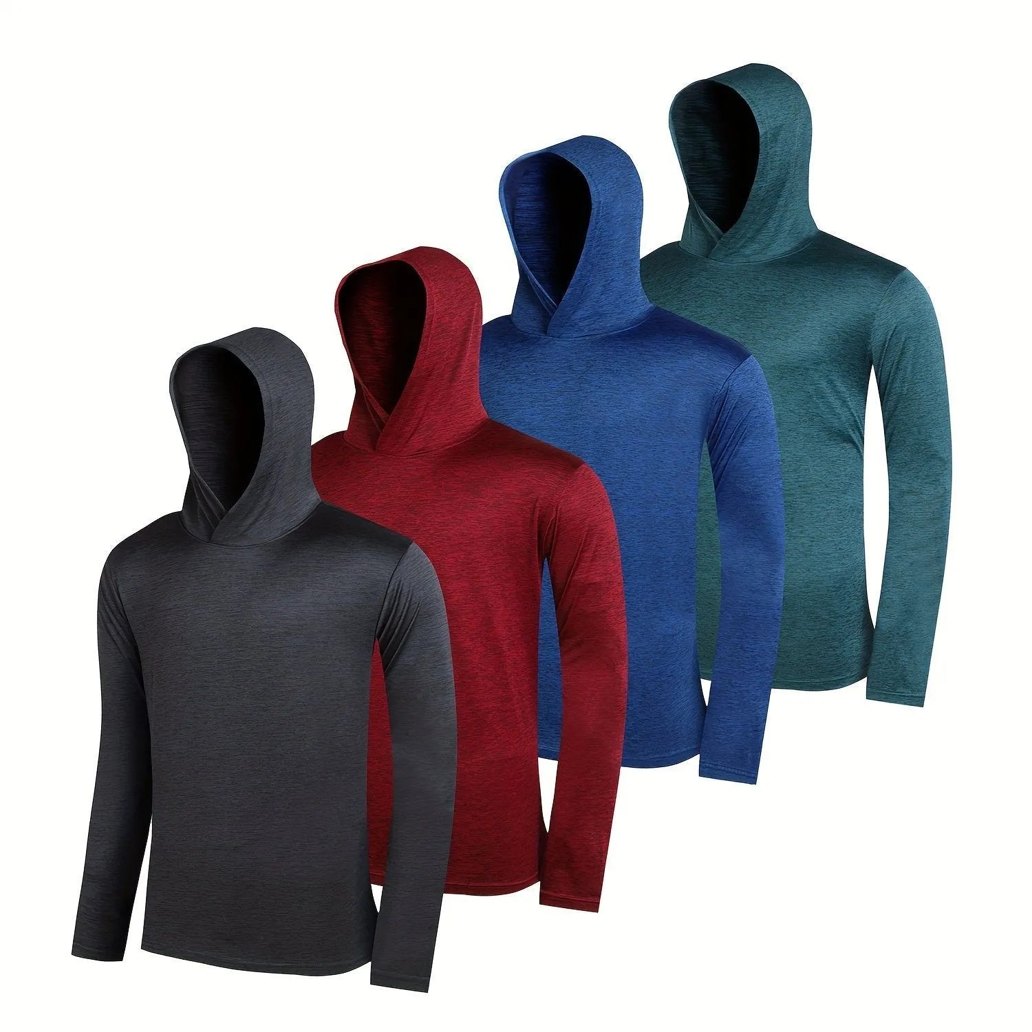 Four men's lightweight polyester hoodies folded showing different colours and both hooded and non-hooded styles